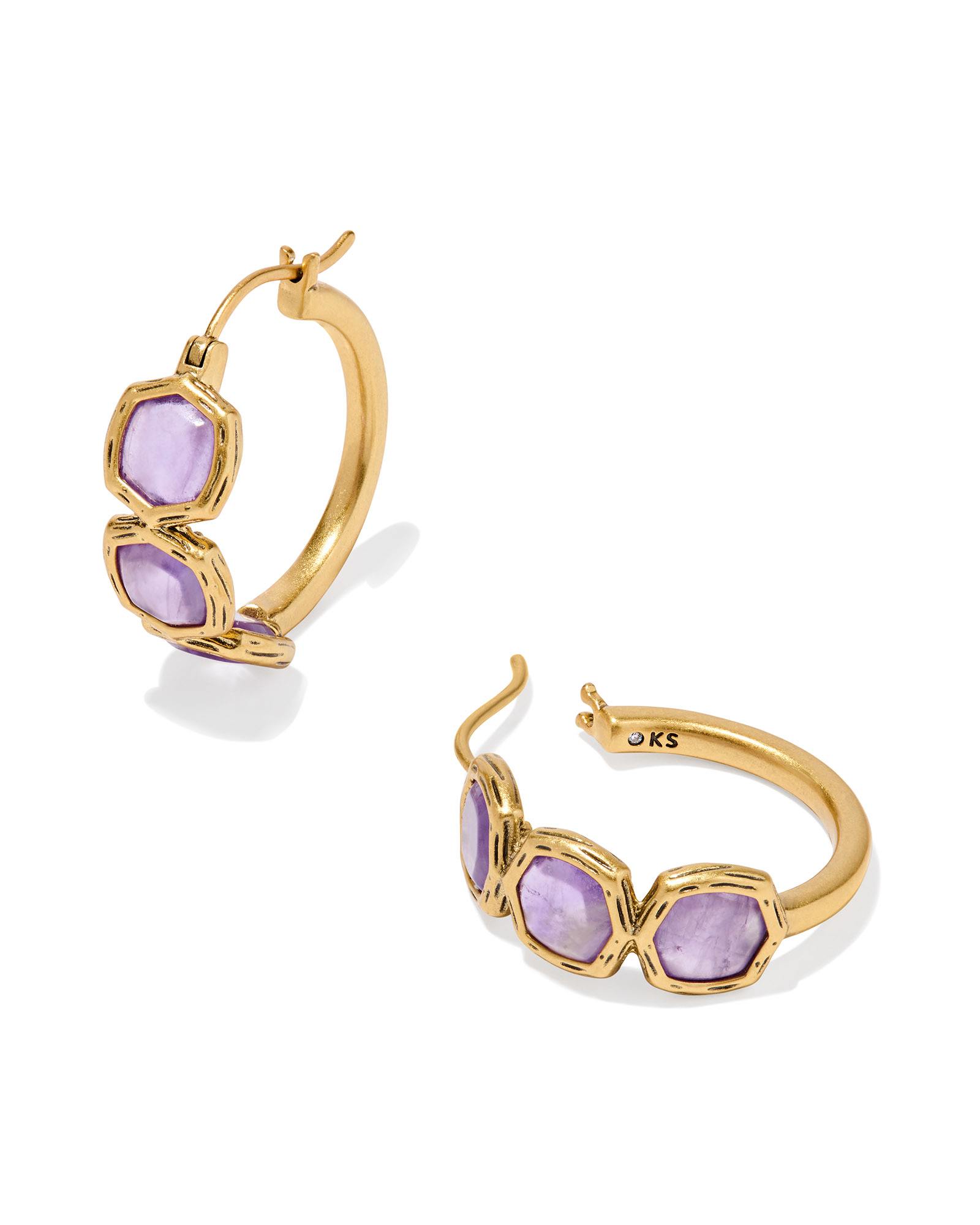 Kendra Scott Maura Vintage Gold Hoop Earrings in Dark Purple | Amethyst